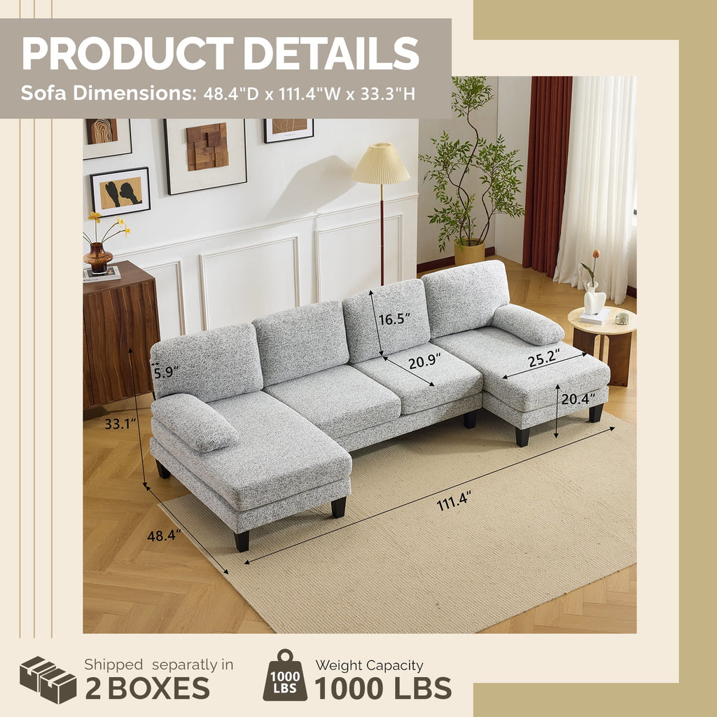 Ktaxon U-Shaped Sectional Sofa Set with Chaise, 4-Seater Blended Chenille Couch for Living Room, Apartment, Easy Assembly Khaki