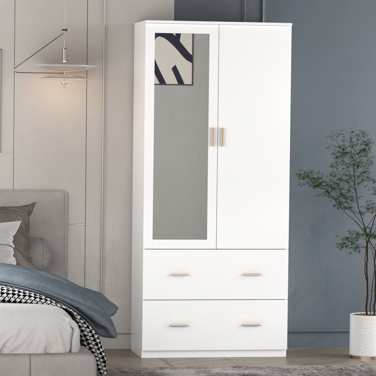 Wiawg 2 Door Wardrobe Armoire,Mirrored Closet Storage with Drawers and Shelves,White
