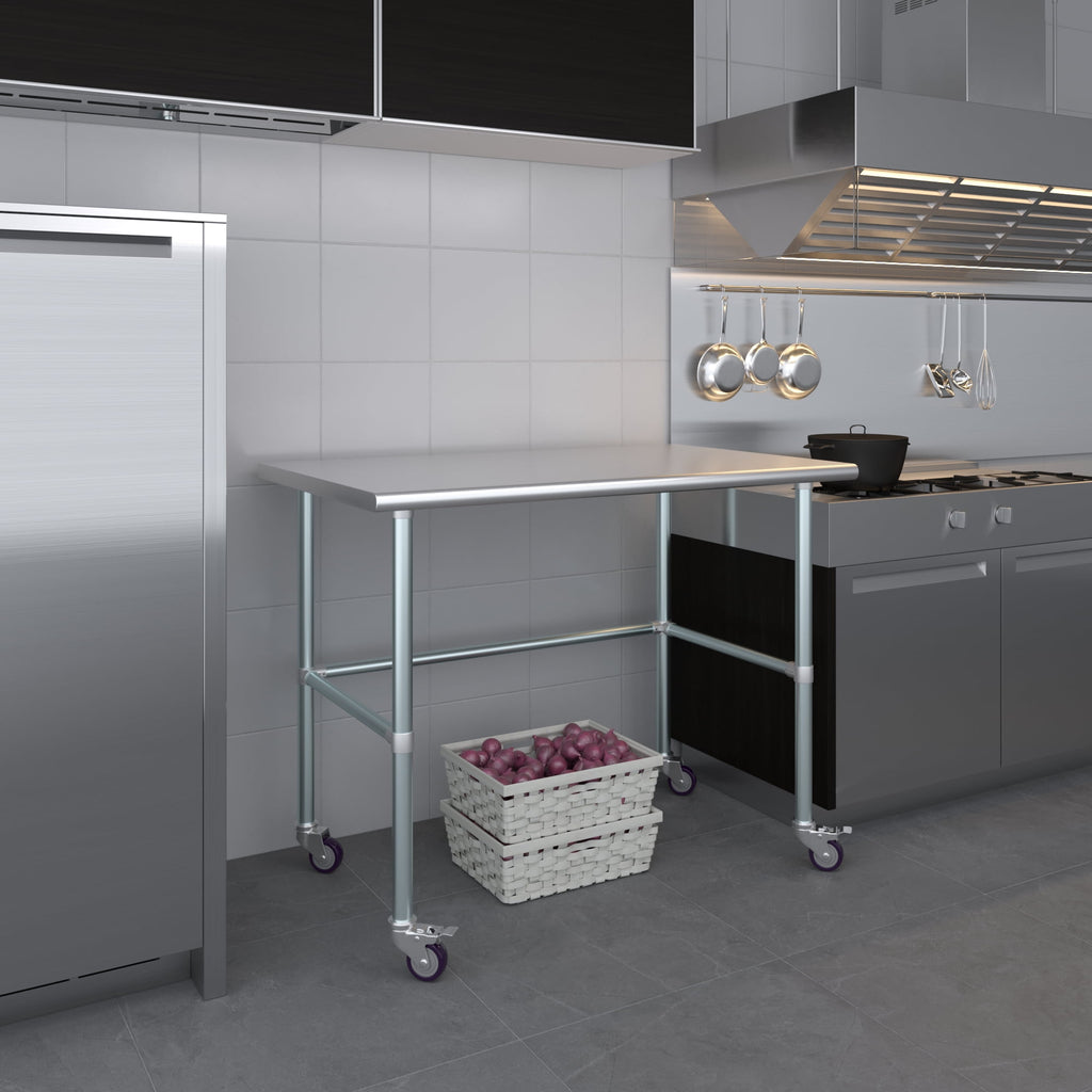 AmGood 36 Long x 30 Deep Stainless-Steel Work Table with Open Base and Wheels, Mobile Metal Table