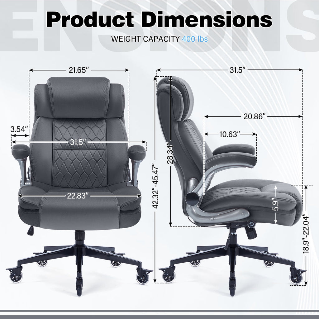 High Back Office Chair with Lockable Wheels, 400lbs Large Fabric Executive Desk Chair, Adjustable Lumbar Support Flip up Arms, Ergonomic Home Office Computer Chair with Storage Pocket, Black