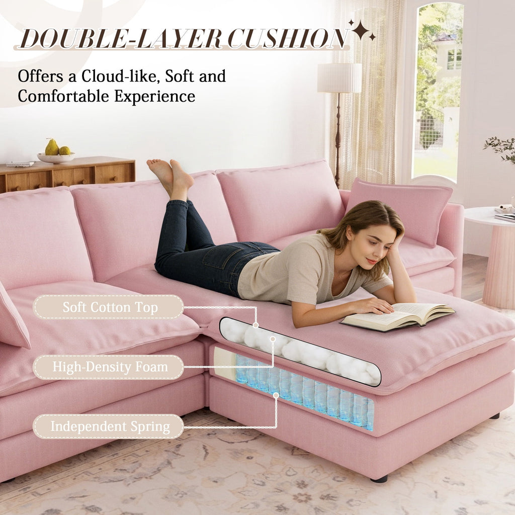 Muumblus Sectional Sofa Cloud Couch with Reversible Ottoman, L-Shaped Chenille Sofa for Living Rooms, Beige