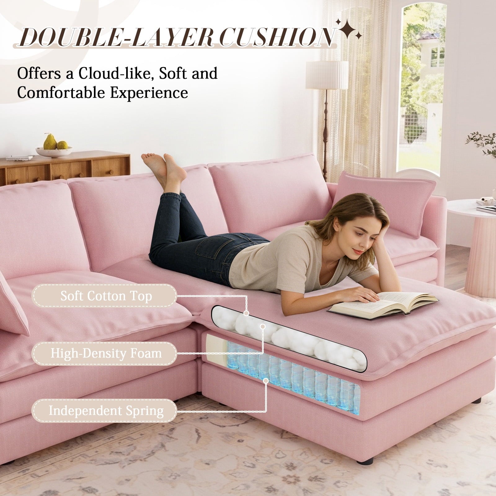 Muumblus Sectional Sofa Cloud Couch with Reversible Ottoman, L-Shaped Chenille Sofa for Living Rooms, Beige
