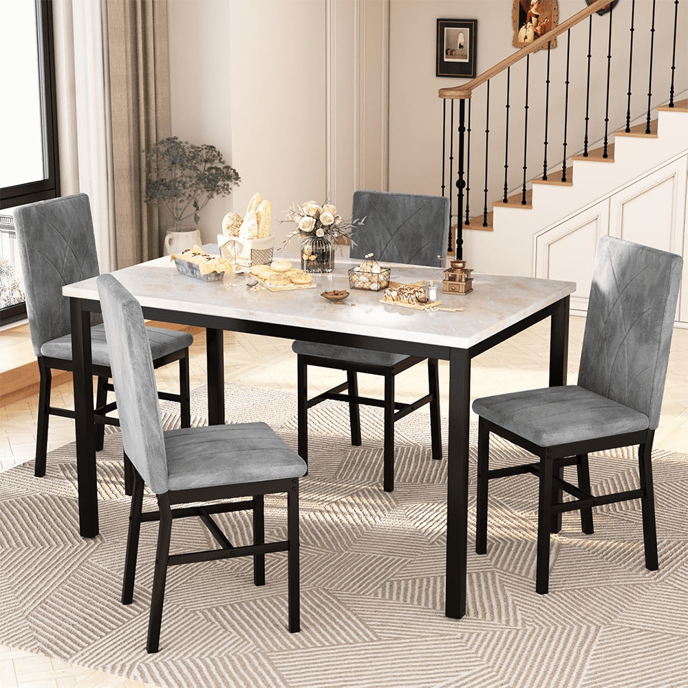 LinkRomat 5-Piece Faux Marble Dining Table Set for 4, Modern Kitchen Table with Chairs, Dinette Dining Room Furniture Set for Compact Space Saving