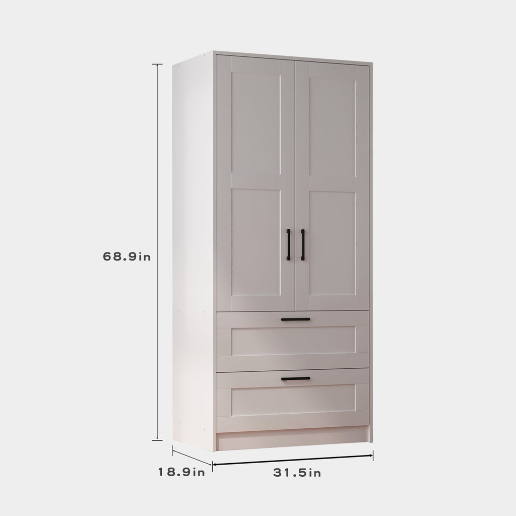 Wood White Wardrobe Closet with 2 Doors，Bedroom Freestanding Armoire Storage Cabinet with Shelves，Wooden Wardrobe Combination for Hanging Clothes