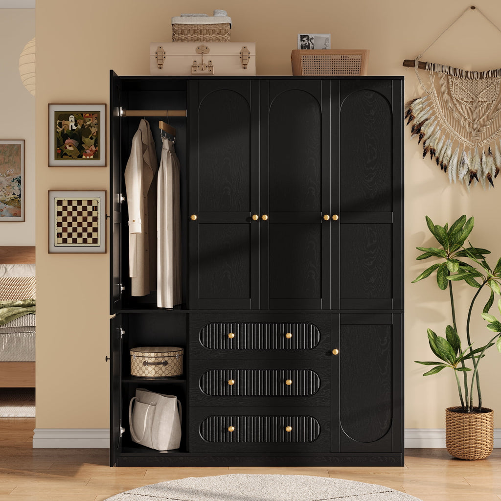 UGTOO 72H 4-Door Wardrobe Armoire with 3 Hanging Rods & 3 Drawers – Black Wooden Closet Storage Cabinet, Large Capacity Freestanding Clothes Organizer for Bedroom