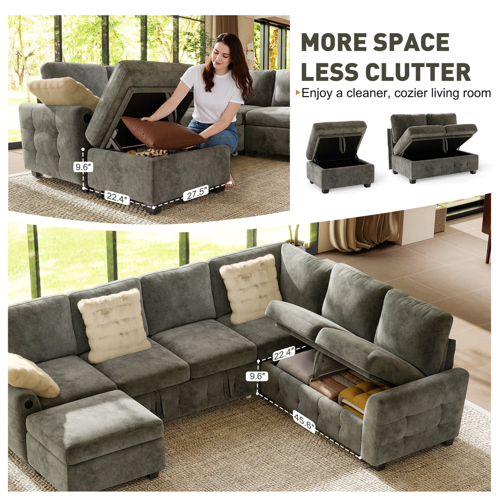 BedLuxury 83 Sectional Sleeper Sofa With Pull Out Bed, Storage Seat & USB Charging, L Shape Modern Couch for Living Room, Corduroy Gray