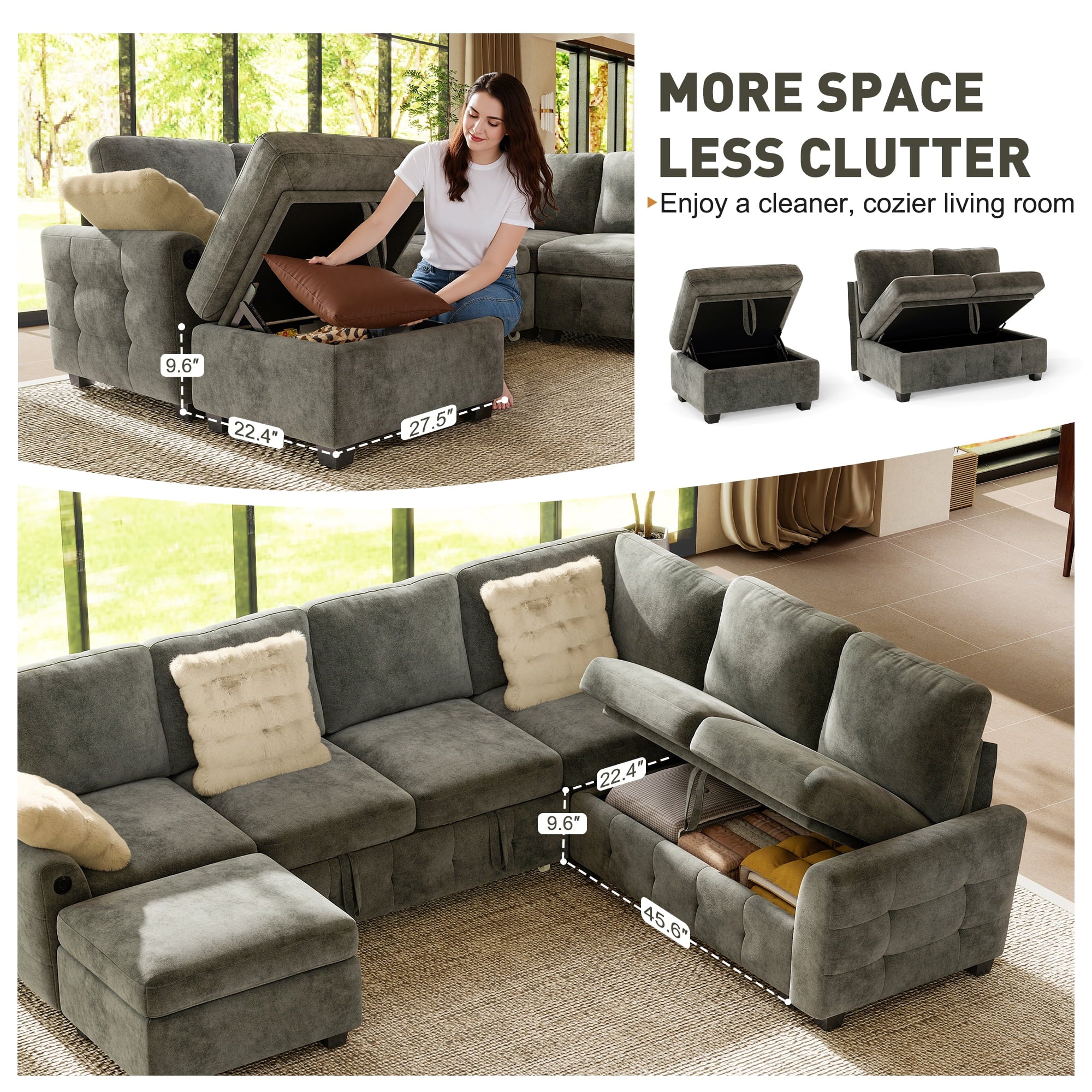BedLuxury 83 Sectional Sleeper Sofa With Pull Out Bed, Storage Seat & USB Charging, L Shape Modern Couch for Living Room, Corduroy Gray