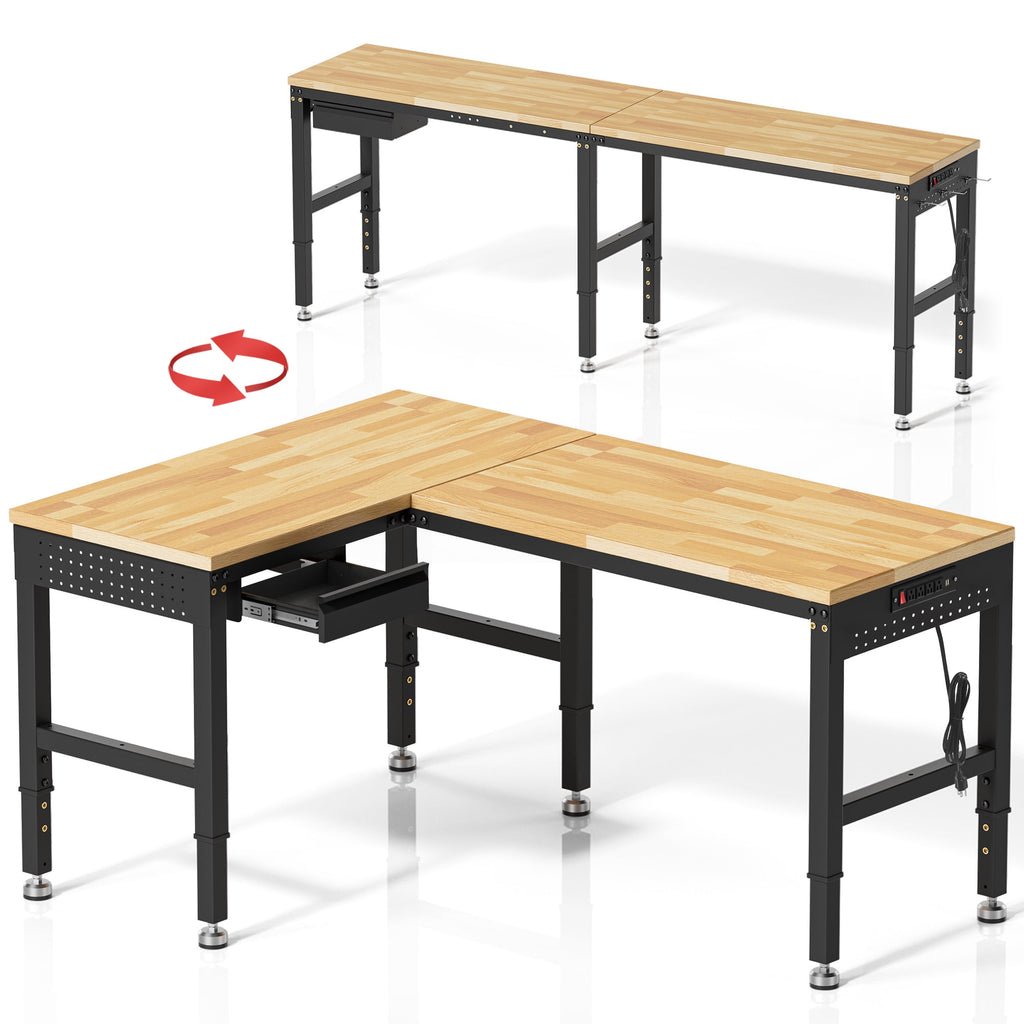 MUWOOD 96-inch L-Shaped Heavy-Duty Workbench with Adjustable Height, Wood Worktop, 5000 LBS Load Capacity for Garage, Workshop