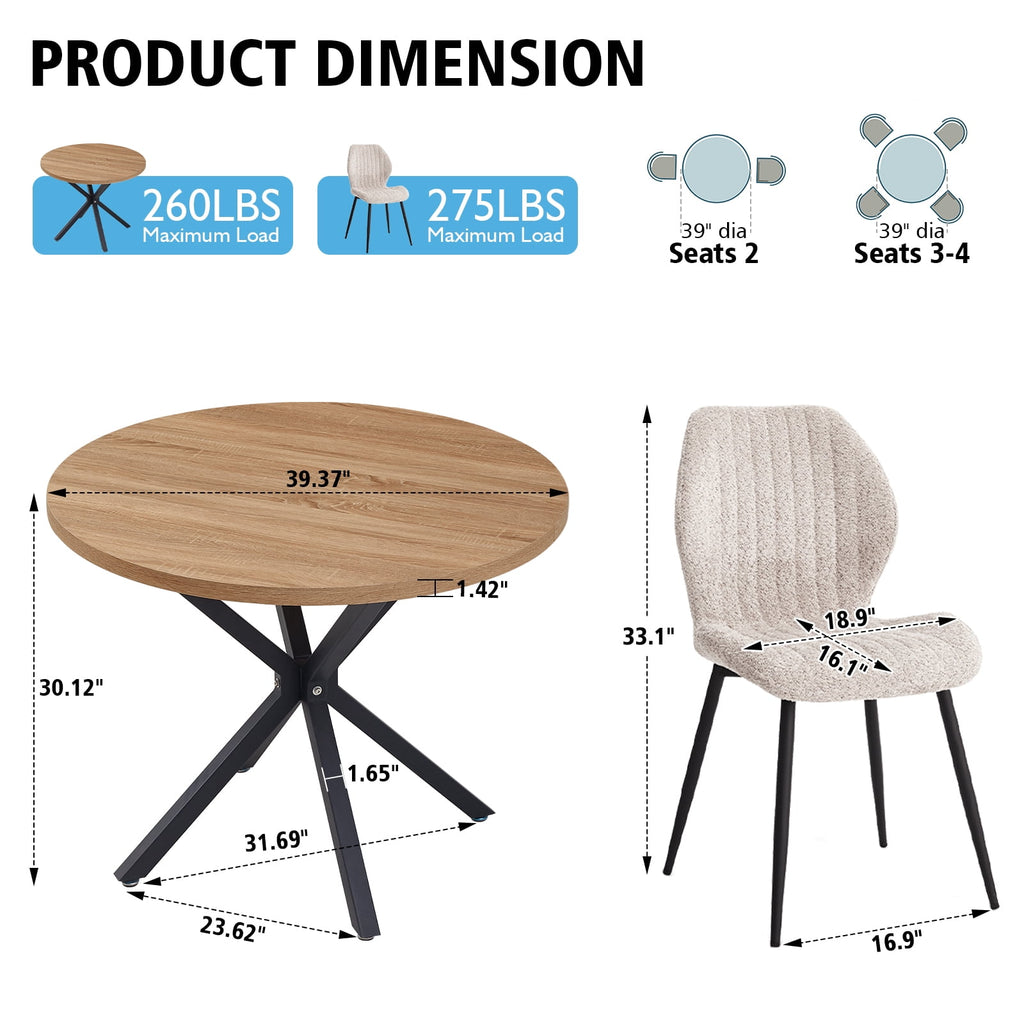 5 Piece 39 Round Dining Table Set for 4, Mid Century Kitchen Table with 4 Khaki Fabric Upholstered Dining Chairs for Apartment Living Room, Space Saving Table.
