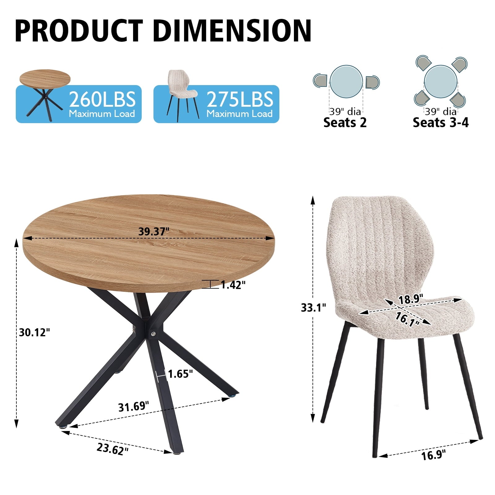 5 Piece 39 Round Dining Table Set for 4, Mid Century Kitchen Table with 4 Khaki Fabric Upholstered Dining Chairs for Apartment Living Room, Space Saving Table.