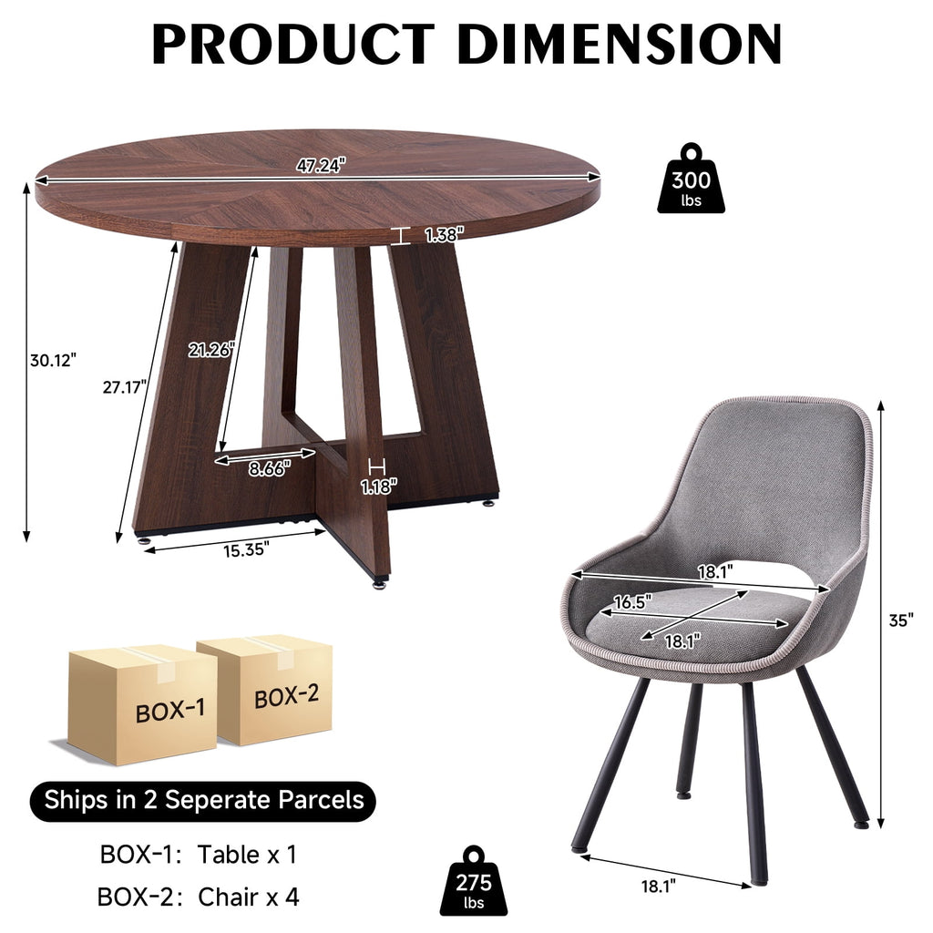 5 Piece 47'' Round Dining Table Chairs Set for 4, Farmhouse Oak Kitchen Table with 4 Boucle Mid Century Modern Dinning Room Chairs, Wood Dinner Table &Upholstered Chair Set of 4, Beige