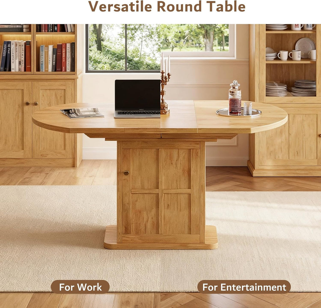 iPormis Extendable Round Dining Table for 4-6, 59'' Modern Kitchen Table with 2-Tier Storage Shelf, Wood Door, MDF Board, Space Saving Oval Dinner with Sturdy Pedestal Base, Kitchen, Dining,Walnut