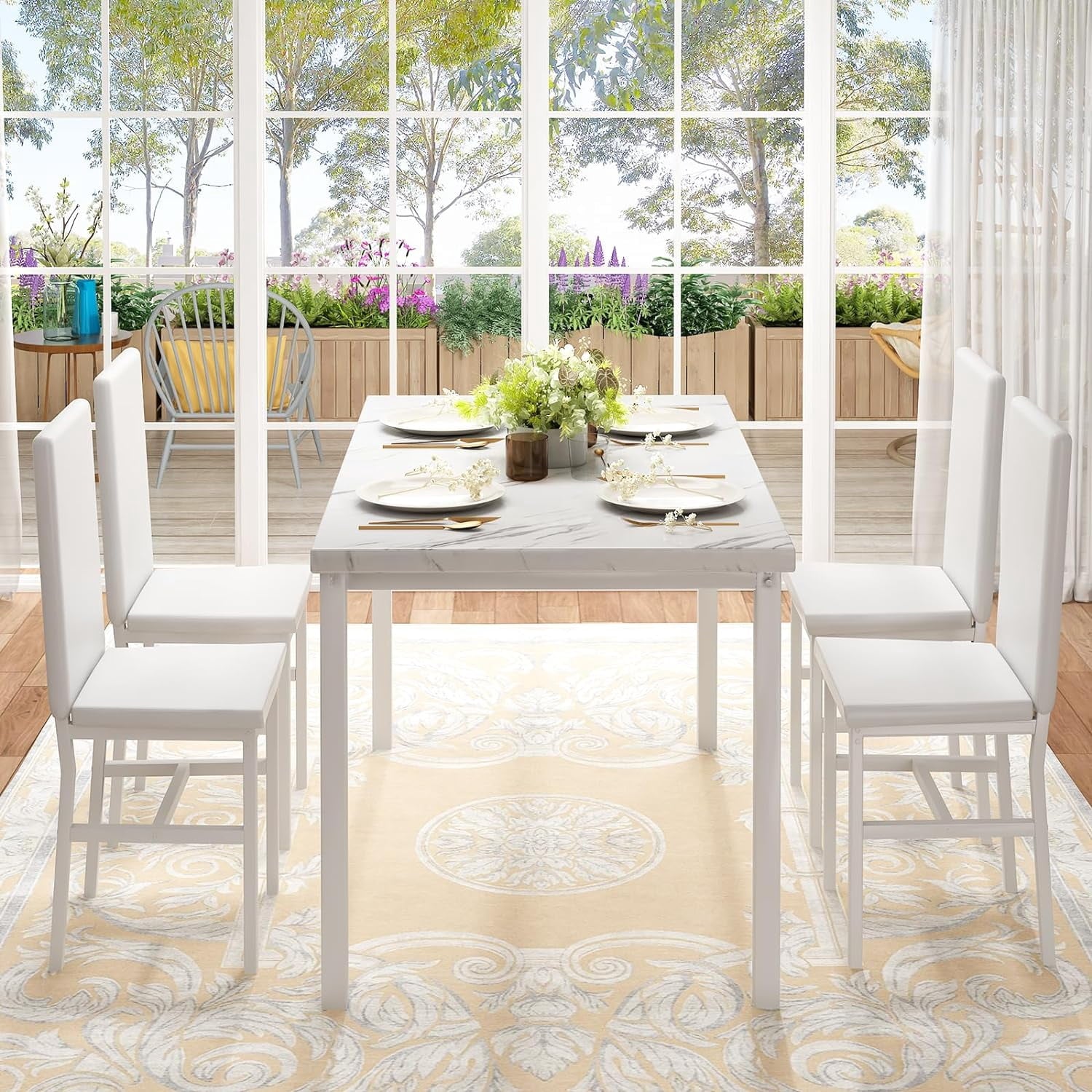 MIERES 5 Piece Dinning Table Sets for 4, Marble Kitchen Table and Chairs for 4,Dining Room Table Set with PU Leather Chairs,Faux Marble Dining Set for Small Spaces,Living Room,White+Brown