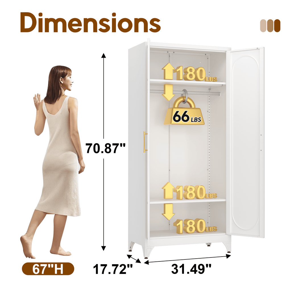 Polup 71 H Modern Metal Sturdy Armoire Cabinet with Shelves and Hanging Rod, Adult Bedroom Wardrobe Closet with Doors