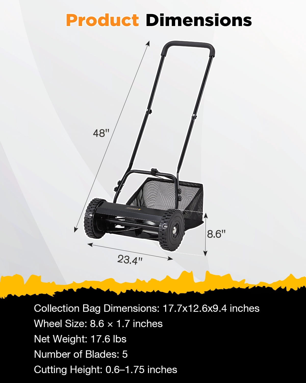 JFHID 14-Inch Manual Push Reel Lawn Mower,5-Blade Design