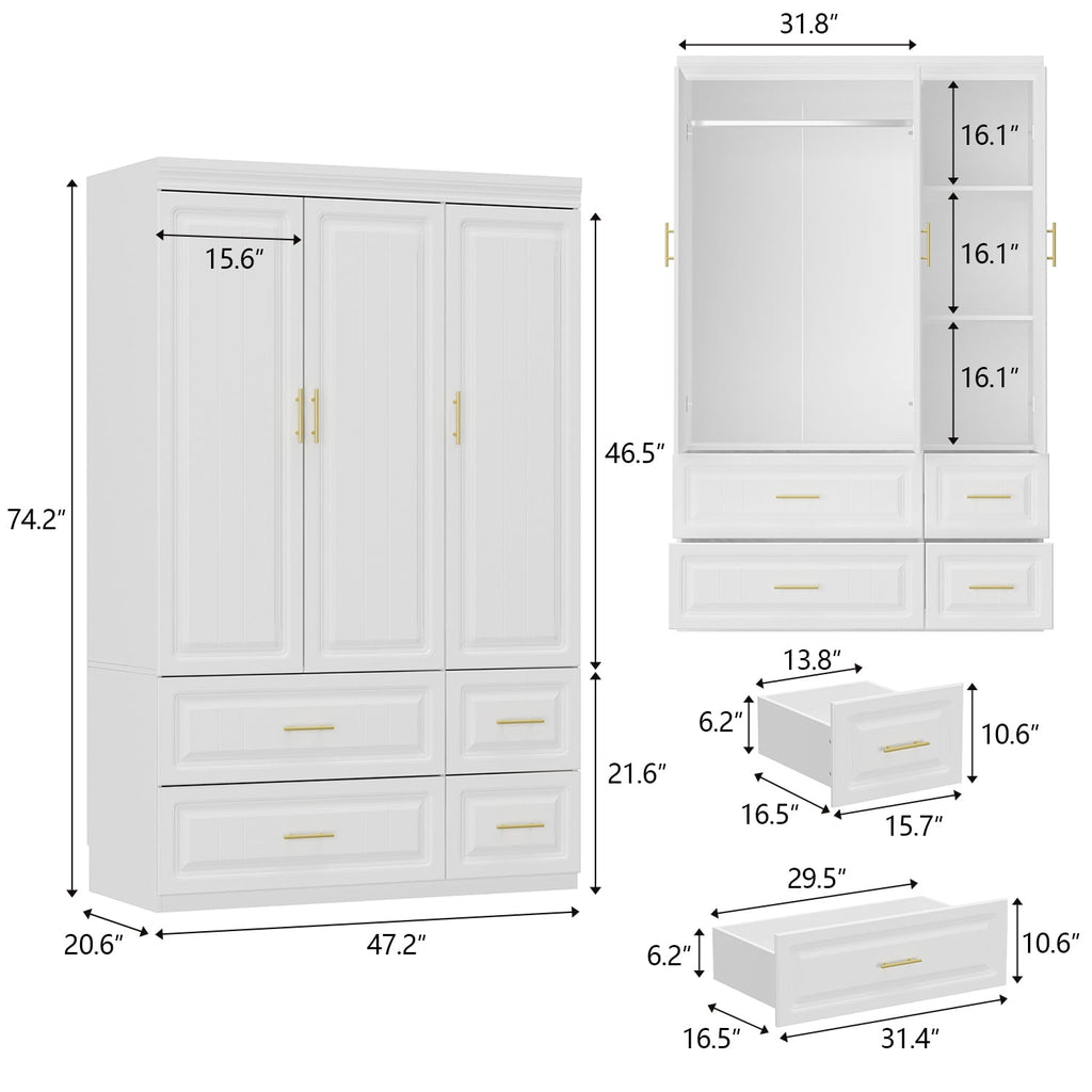 OxyLife 2 Door Wardrobe Armoire, White Closet Storage Organizer with Drawers and Shelves