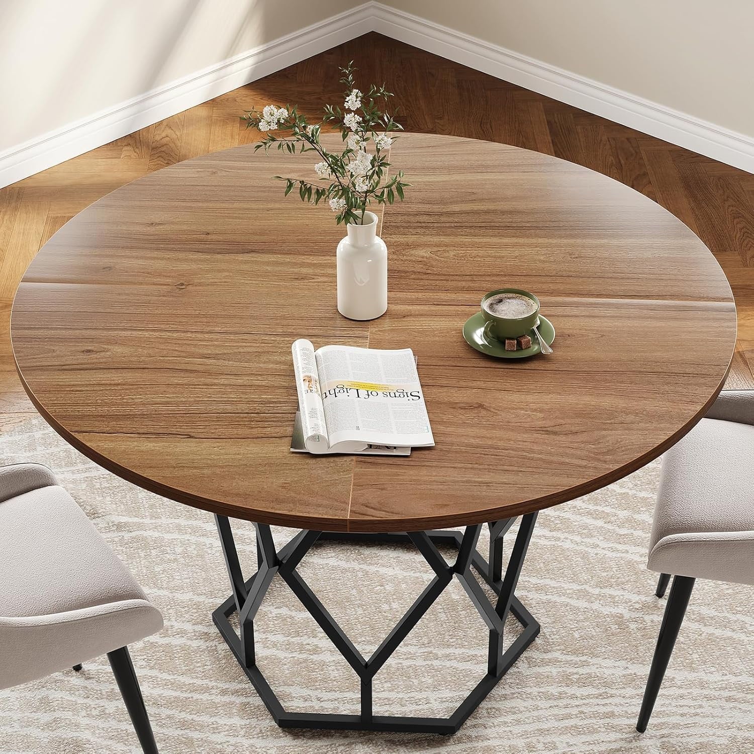 M optimized Round Dining Table for 4-6 People, 47 Farmhouse Kitchen Table, Modern Circle Dinner Table with Sturdy Base, Industrial Wood Dinning Room Table for Kitchen