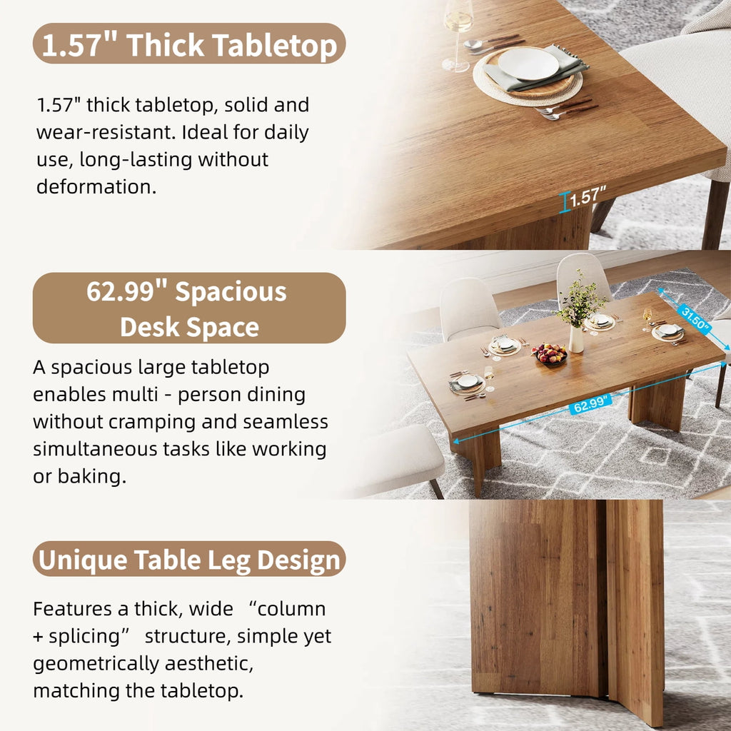 Fnova 63 Rectangular Modern Dining Table, Wooden Modern Kitchen Table for 6 People for Dining Room, Warm Brown (Chairs Not Included)