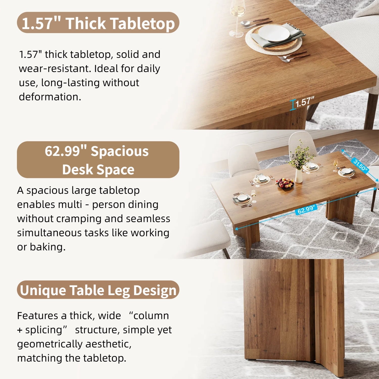 Fnova 63 Rectangular Modern Dining Table, Wooden Modern Kitchen Table for 6 People for Dining Room, Warm Brown (Chairs Not Included)