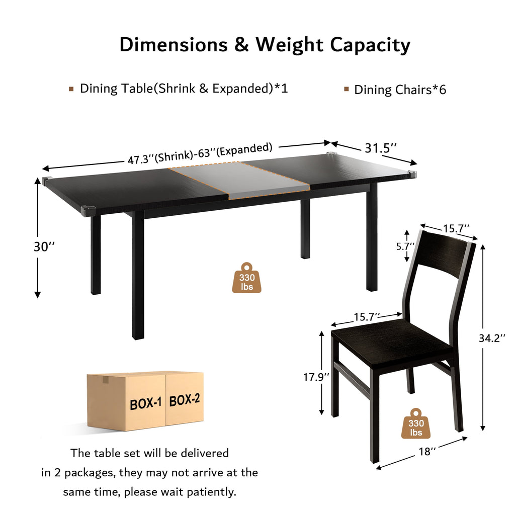Virans 7-Piece Dining Table & Chairs Set for 4-6, 63 Extendable Kitchen Table with 6 Chairs, Dining Room Table with Metal Frame & MDF Board, Perfect for Small Space, Easy Assembly,Espresso