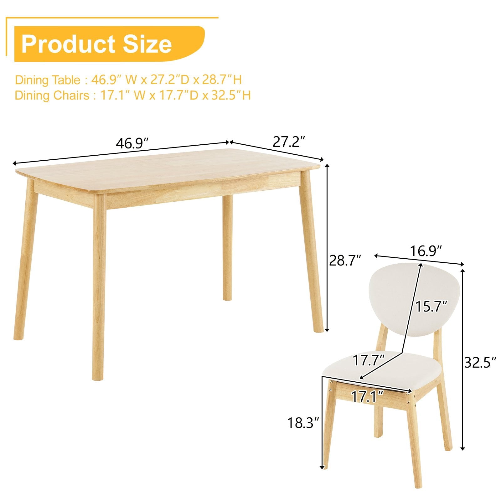 Ktaxon Dining Table Set for 4 Solid Wood Dinner Table with Padded Chairs for Home Kitchen Restaurant 47 Wood Color