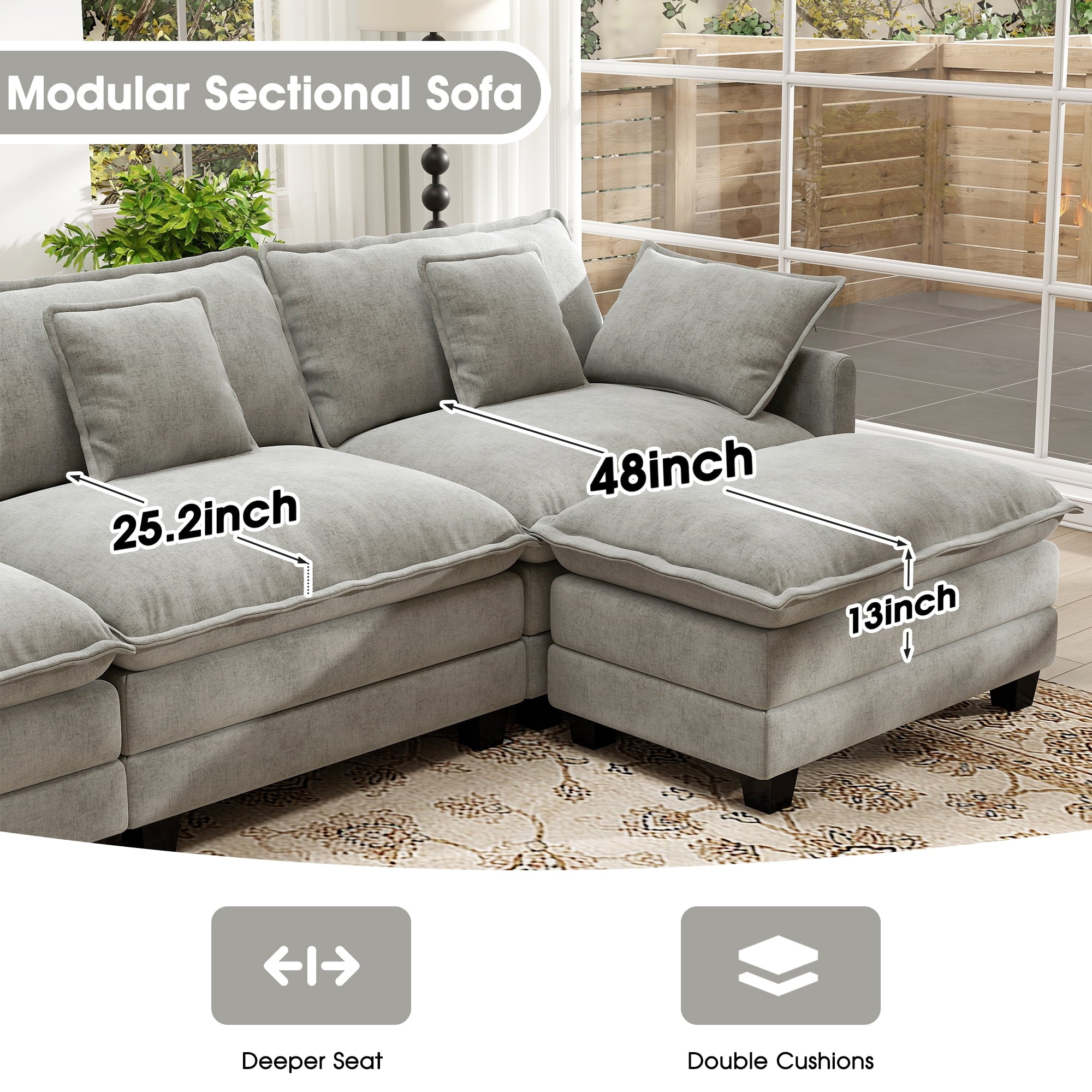 BedLuxury 111.5'' Modular Sectional Sofa with Movable Ottomans, U Shaped Cloud Couch for Living Room, 3-Seat, Grey