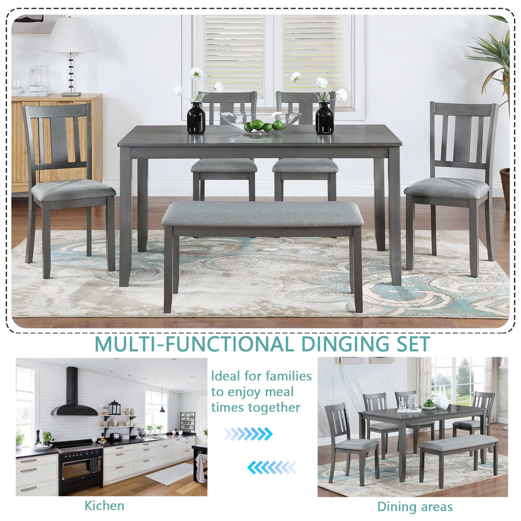 Dining Room Set, LEGAHOME 6 Piece Dining Sets with Bench and Chairs, Solid Wood Kitchen Dining Table Set for 6 with Upholstered Chairs, Gray
