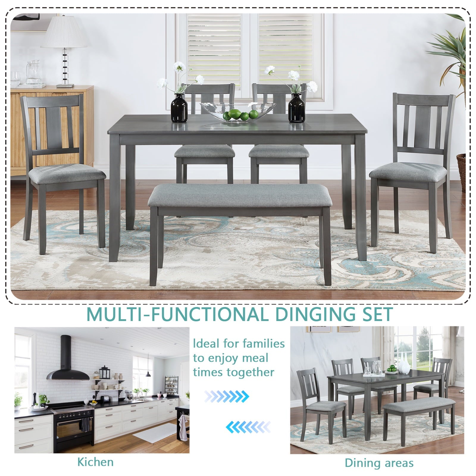 Dining Room Set, LEGAHOME 6 Piece Dining Sets with Bench and Chairs, Solid Wood Kitchen Dining Table Set for 6 with Upholstered Chairs, Gray