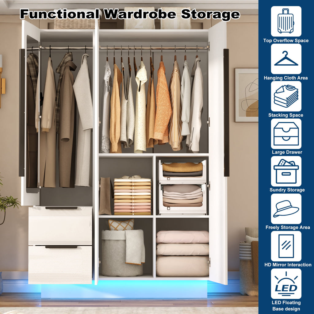ANPOO 3 Door Wardrobe Closet with 2 Drawers & Mirror, 70H High Gloss LED Wardrobe Armoire with Hanging Rod, Wooden Large Freestanding Storage Wardrobe for Bedroom, High Gloss White Armoire