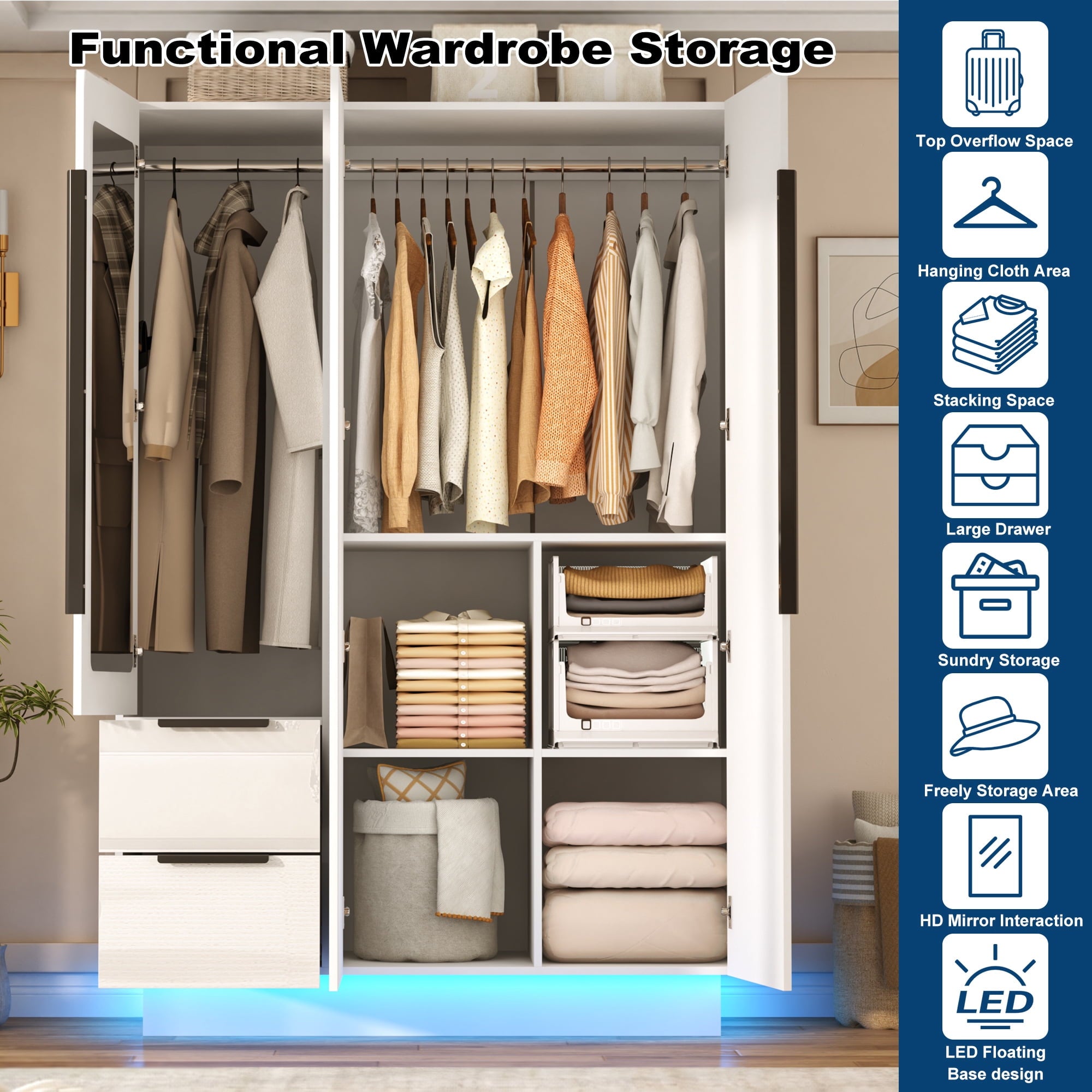 ANPOO 3 Door Wardrobe Closet with 2 Drawers & Mirror, 70H High Gloss LED Wardrobe Armoire with Hanging Rod, Wooden Large Freestanding Storage Wardrobe for Bedroom, High Gloss White Armoire