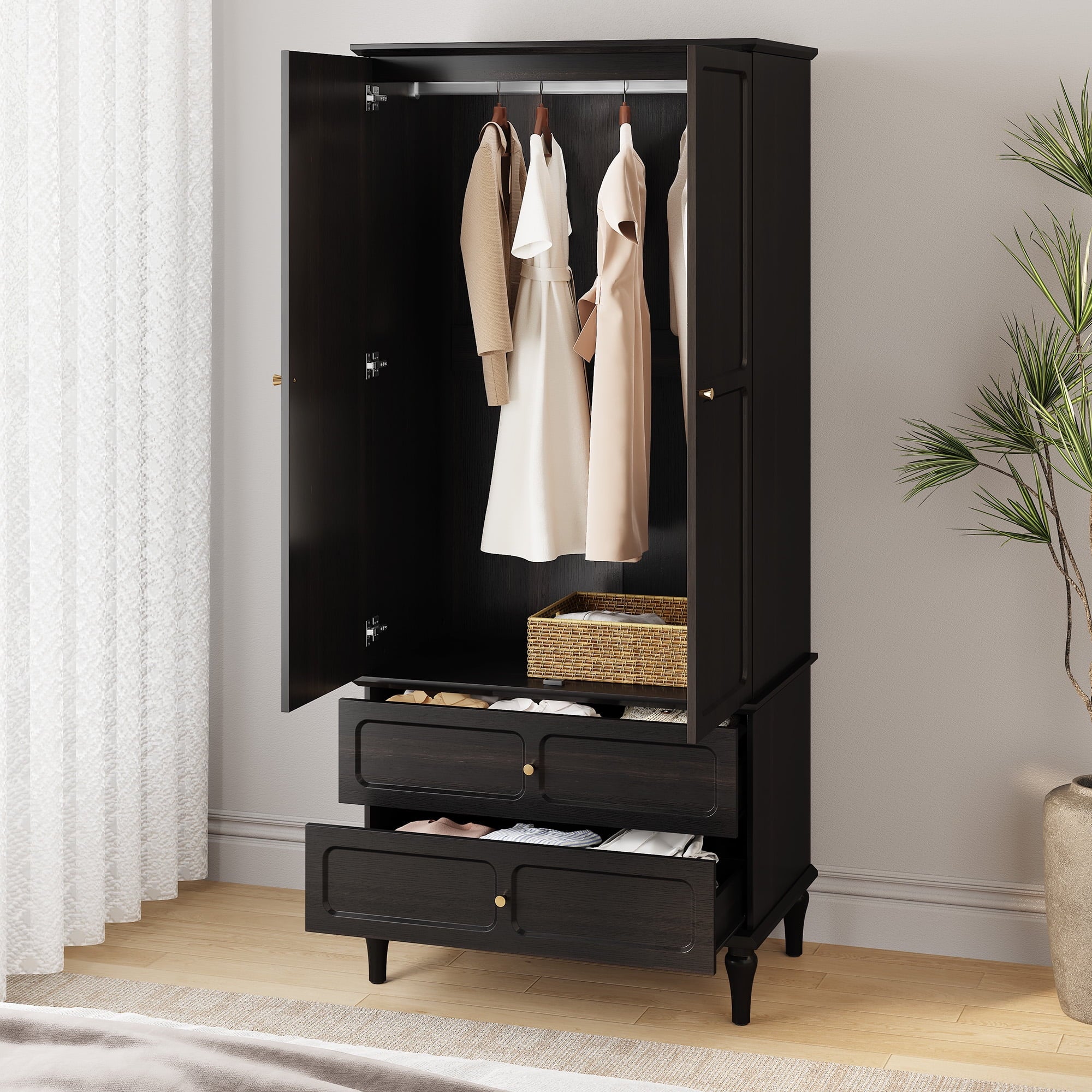 HLR 71 Tall Modern Wood Armoire Wardrobe Closet, Freestanding Cabinet with Hanging Rod for Bedroom, Brown