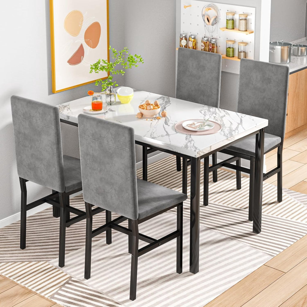 Cvortll 5 Piece Dining Table Set, Kitchen Table and Chairs Set for 4 with Faux Marble and 4 Velvet Upholstered Dining Chairs for Home, Restaurant, Black & Black