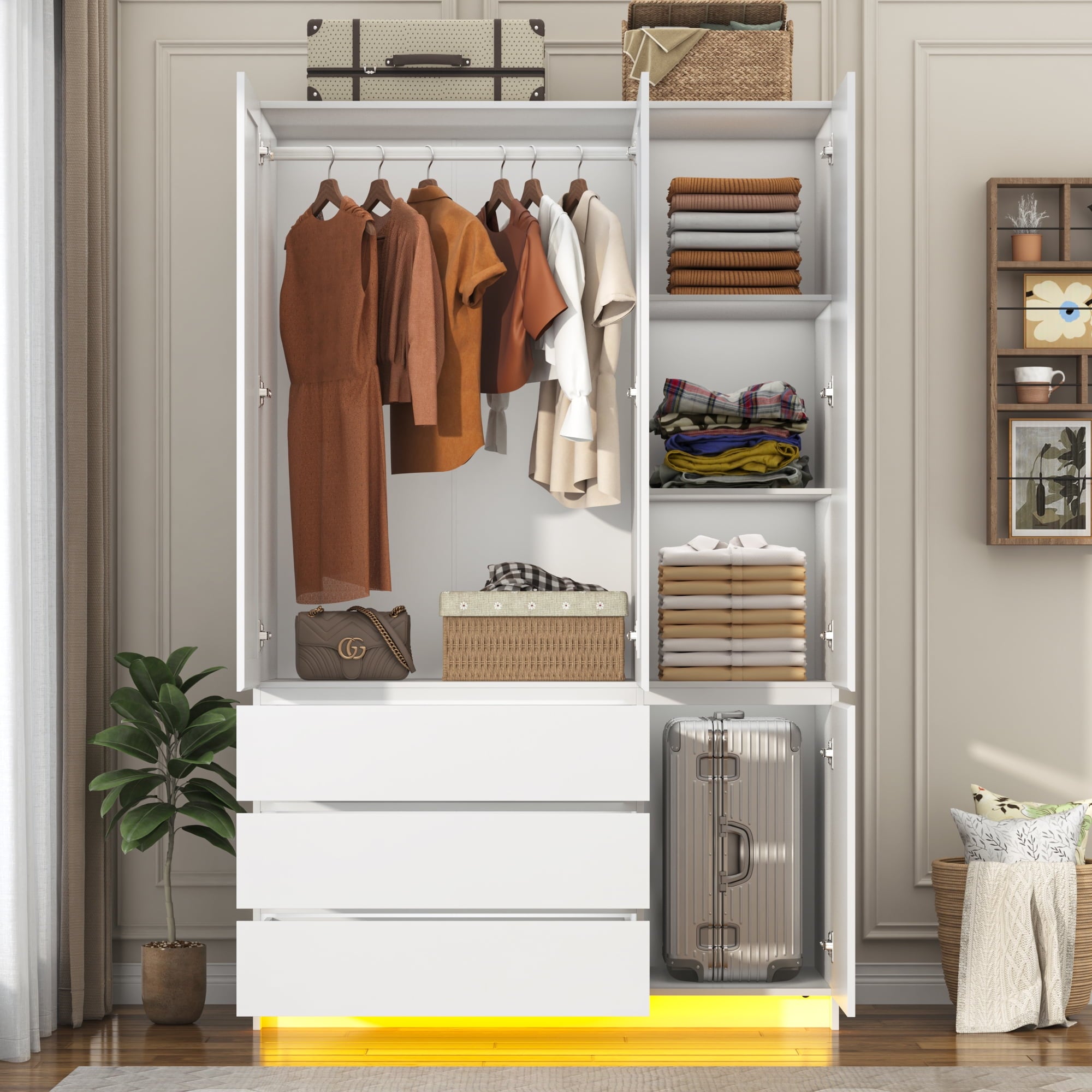 75 Tall 3 Doors Armoire Wardrobe Closet with  3 Drawers and Mirror, Large Wardrobe Closet for Bedroom with LED Lights, Wooden Armoire Storage Cabinet with Hanging Rod, Adjustable shelves (White)
