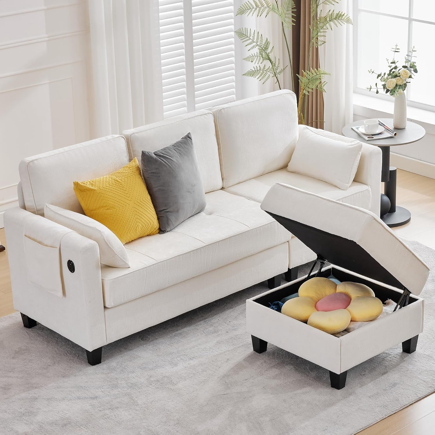 Haverchair L-Shape Chenille Sectional Sofa with Storage Ottoman,Modern Convertible Couch with Removable Cover,USB and Type-C,Side Pockets,Armrest Pillows for Living Room,Apartment,Office,White