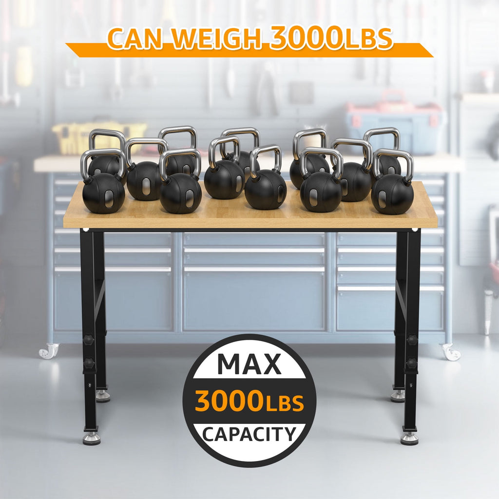 60 Adjustable Workbench,Heavy-Duty Work Table,3000 LBS Load Capacity Hardwood Workstation Outlets with Power strips and Wheels,for Workshop, Garage