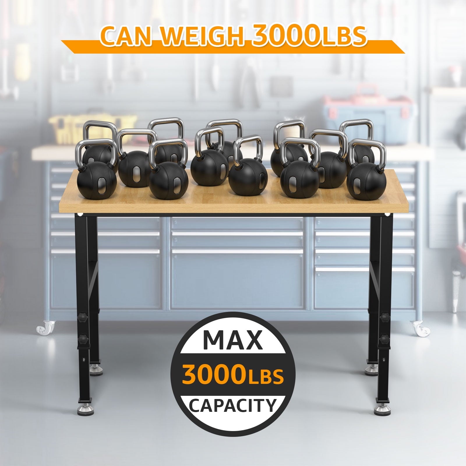 60 Adjustable Workbench,Heavy-Duty Work Table,3000 LBS Load Capacity Hardwood Workstation Outlets with Power strips and Wheels,for Workshop, Garage