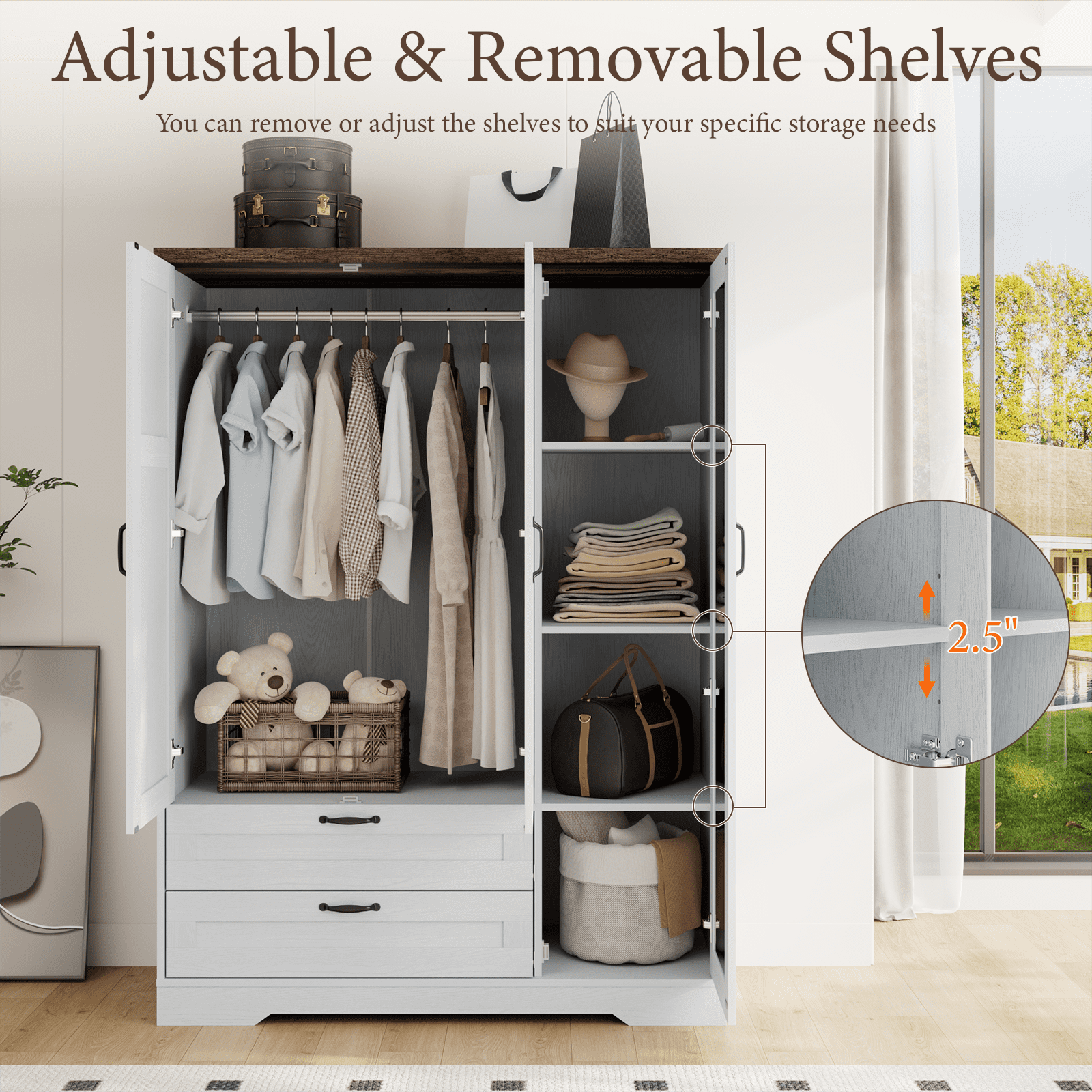 Brafabhome 71H Armoire Wardrobe Closet with 2 Drawers, Farmhouse 2 Doors Armoire Cabinet with Hanging Rod, Modern Freestanding Wardrobe Clothes Cabinet for Bedroom | Gray
