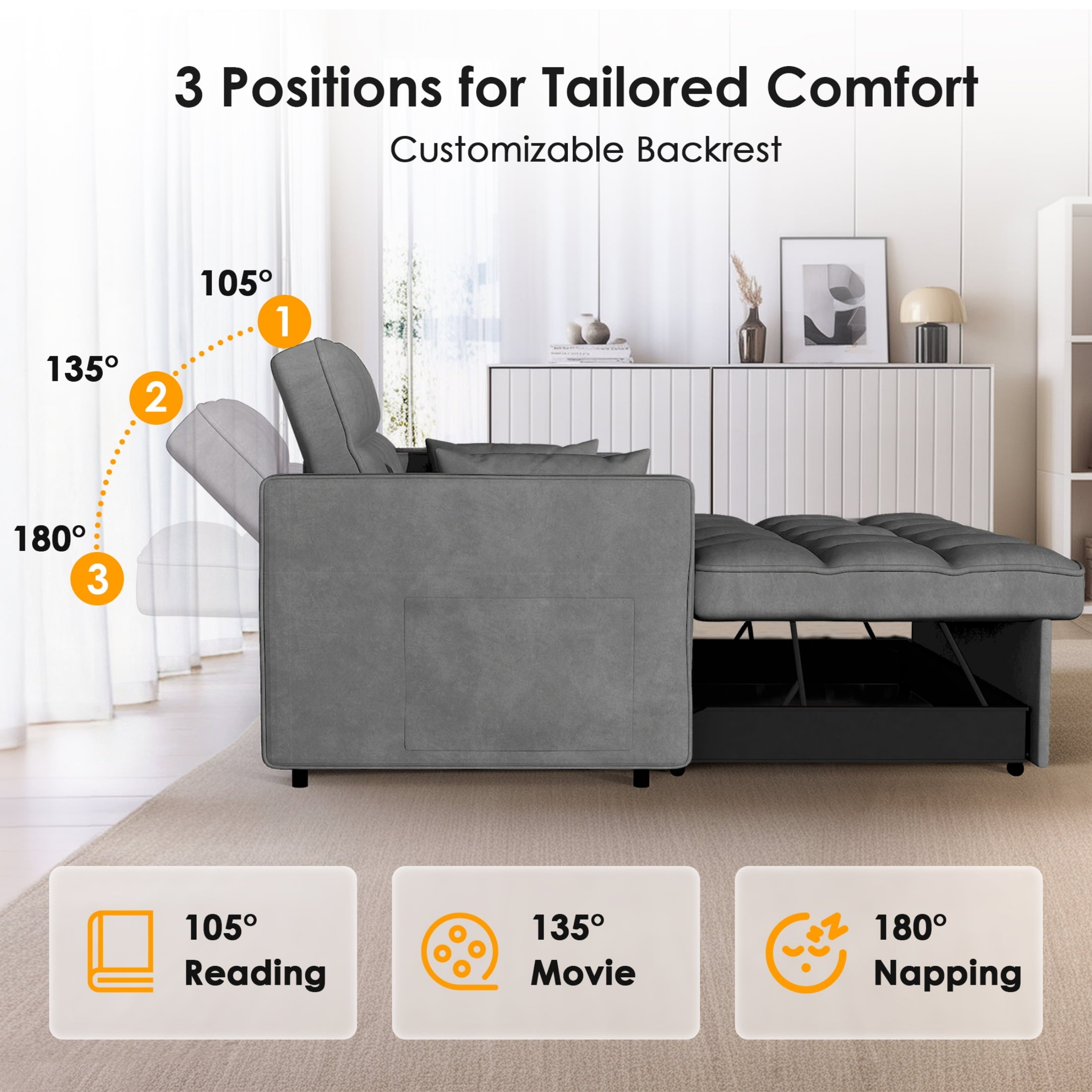 Anpport 3-in-1 Convertible Sleeper Sofa Bed, Pull-Out Loveseat Couch with Adjustable Back for Small Spaces, Velvet Fabric, 55, Dark Gray
