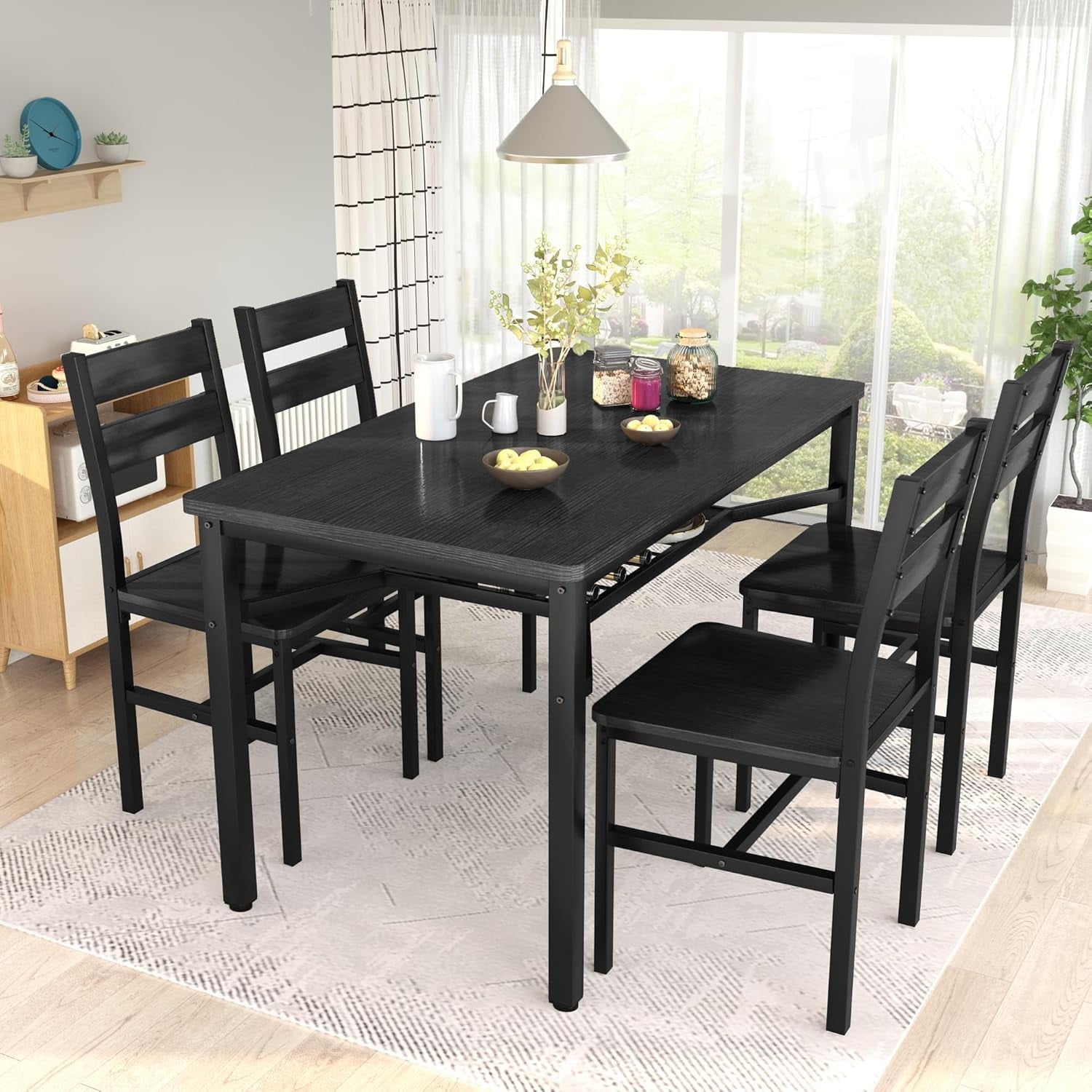LinkRomat Dining Table Set for 4, Farmhouse Kitchen Table with 4 Wood Chairs, Dining Room Set for Breakfast Nook, Small Places, Restaurant, Gray