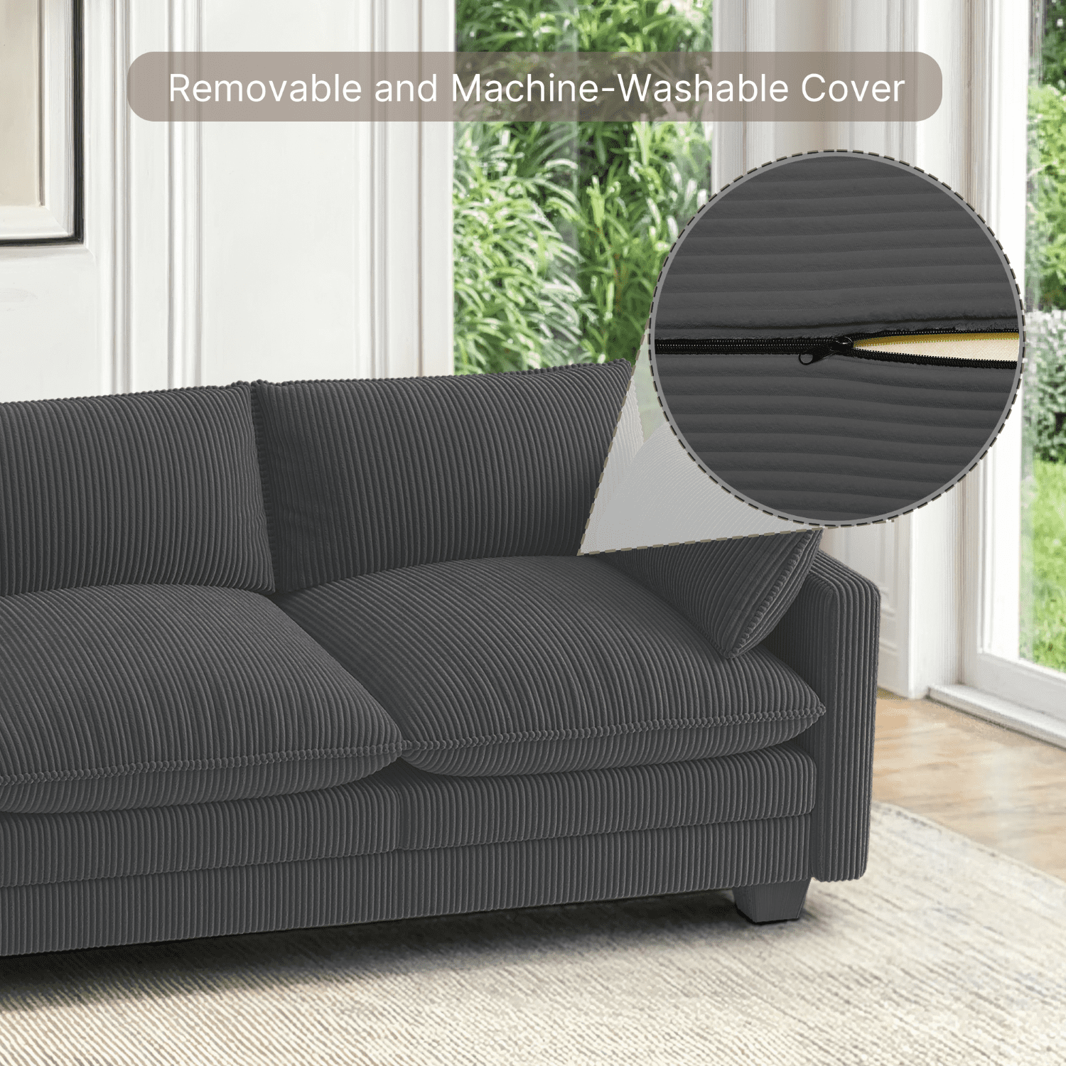 110'' Oversized L Shaped Couch for Living Room, Cloud Couches with Washable Corduroy Cover, Modern 4-Seater Comfy Deep-Seat Sofa with Movable Ottoman and 2 Throw Pillows for Apartment, Gray