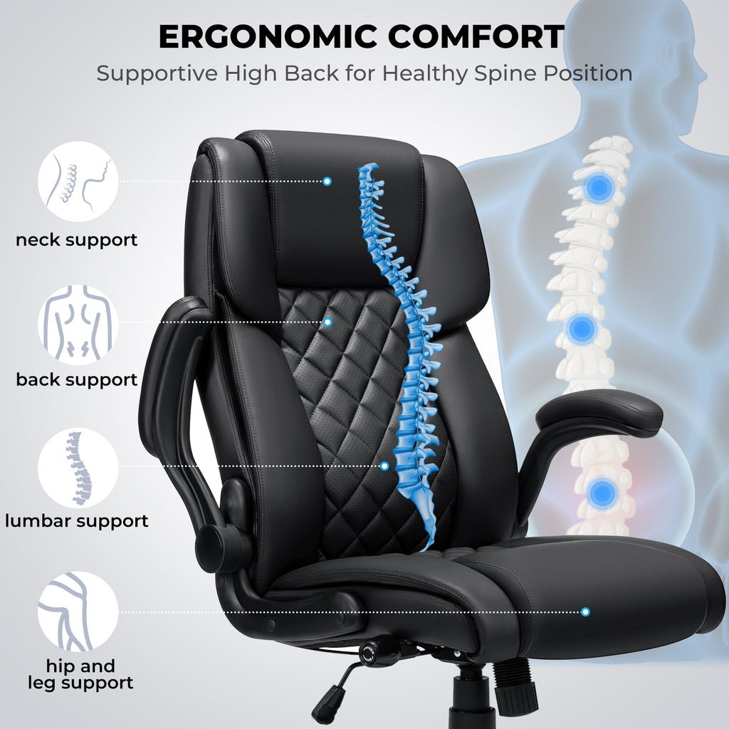 Hoffree Big and Tall Office Chair, 500lbs Executive Desk Chair with Adjustable Lumbar Support Ergonomic Computer Leather Chair with Padded Flip-up Arms for Home Office