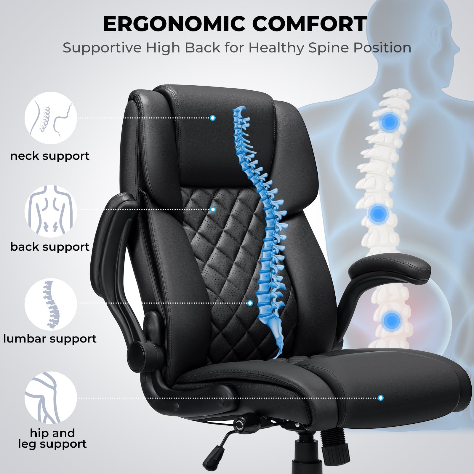 Hoffree Big and Tall Office Chair, 500lbs Executive Desk Chair with Adjustable Lumbar Support Ergonomic Computer Leather Chair with Padded Flip-up Arms for Home Office
