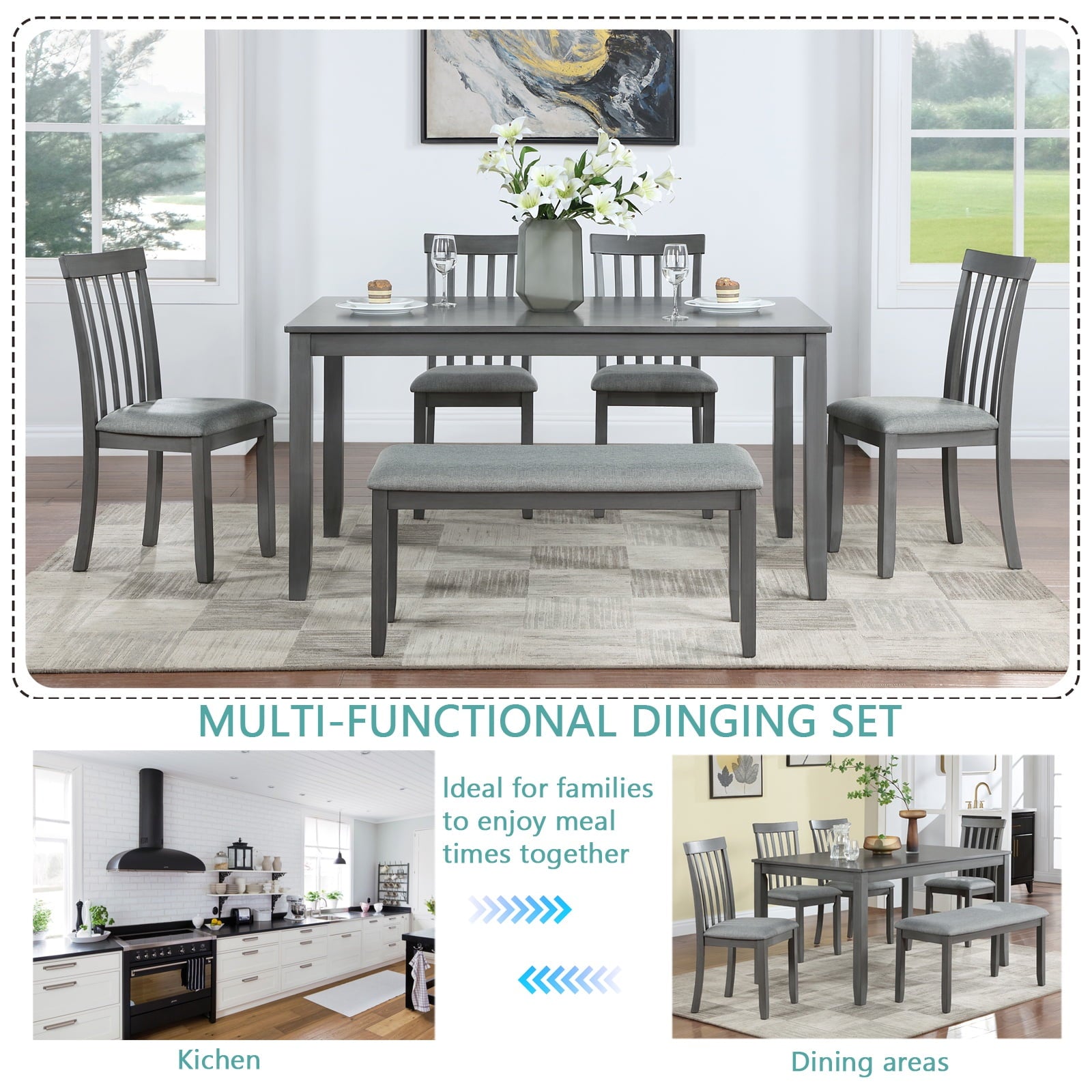 Dining Room Set, LEGAHOME 6 Piece Dining Sets with Bench and Chairs, Solid Wood Kitchen Dining Table Set for 6 with Upholstered Chairs, Gray