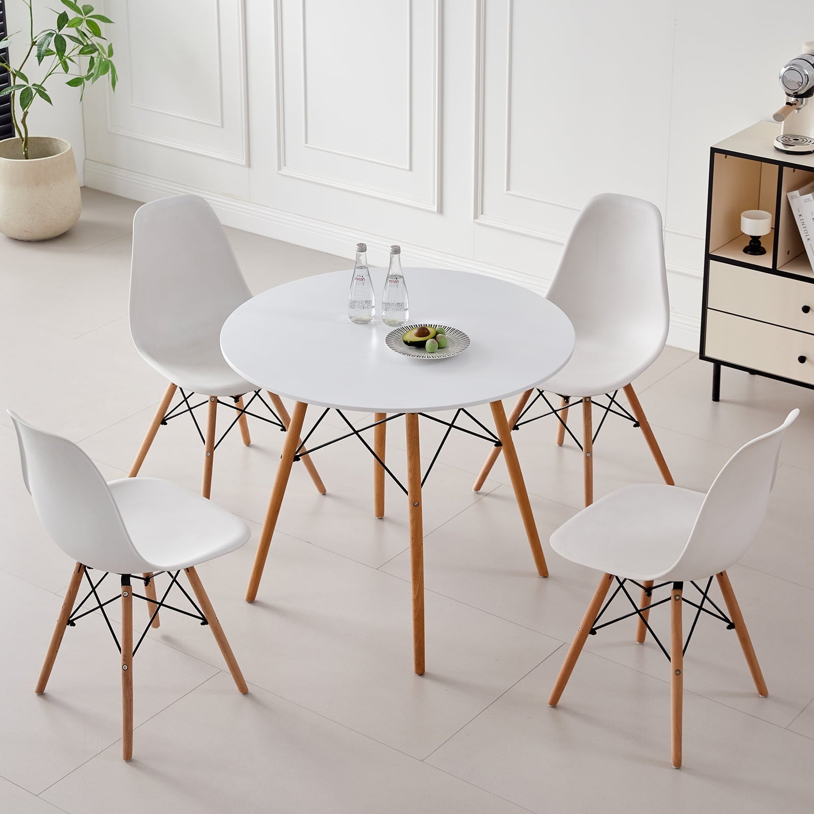 5-Piece 35.5'' Round Dining Table Set for 4, Kitchen Table Chair Set of 4, Mid-Century Modern Dinette Dining Room Table Set Dinner Table for 4 W/Solid Wood Legs, White