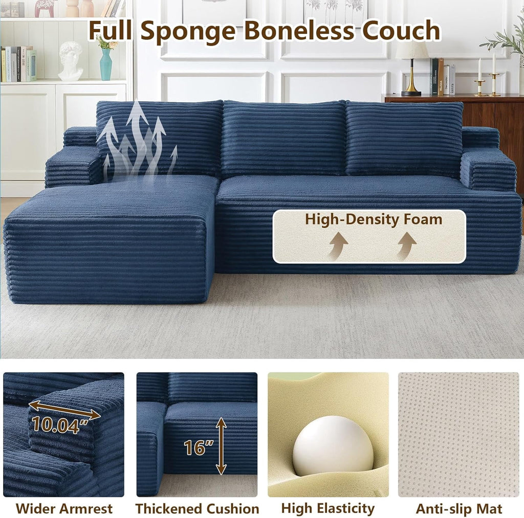 96 Boneless Cloud Couch with Chaise, Modular Sectional Sofa for Living Room, No Assembly Required, Deep Seat Corduroy Couch, Green