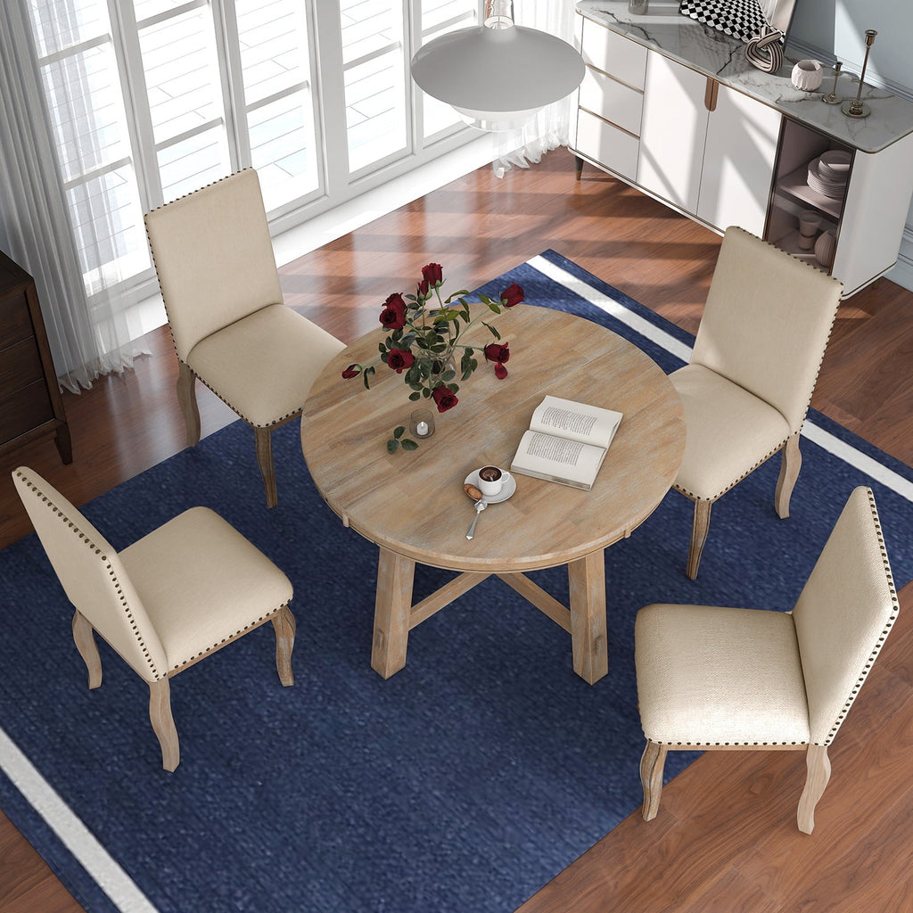 Harper & Bright Designs Extendable Dining Table Set for 4 Upholstered Chairs Functional Retro Style Table for Dining Room Kitchen, Natural Wood Wash
