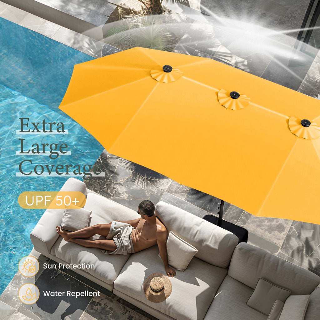 SUMMIT LIVING 15 FT Double-Sided Solar Patio Umbrella with Base Large Outdoor Umbrella with LED Solar Lights - Haze Blue
