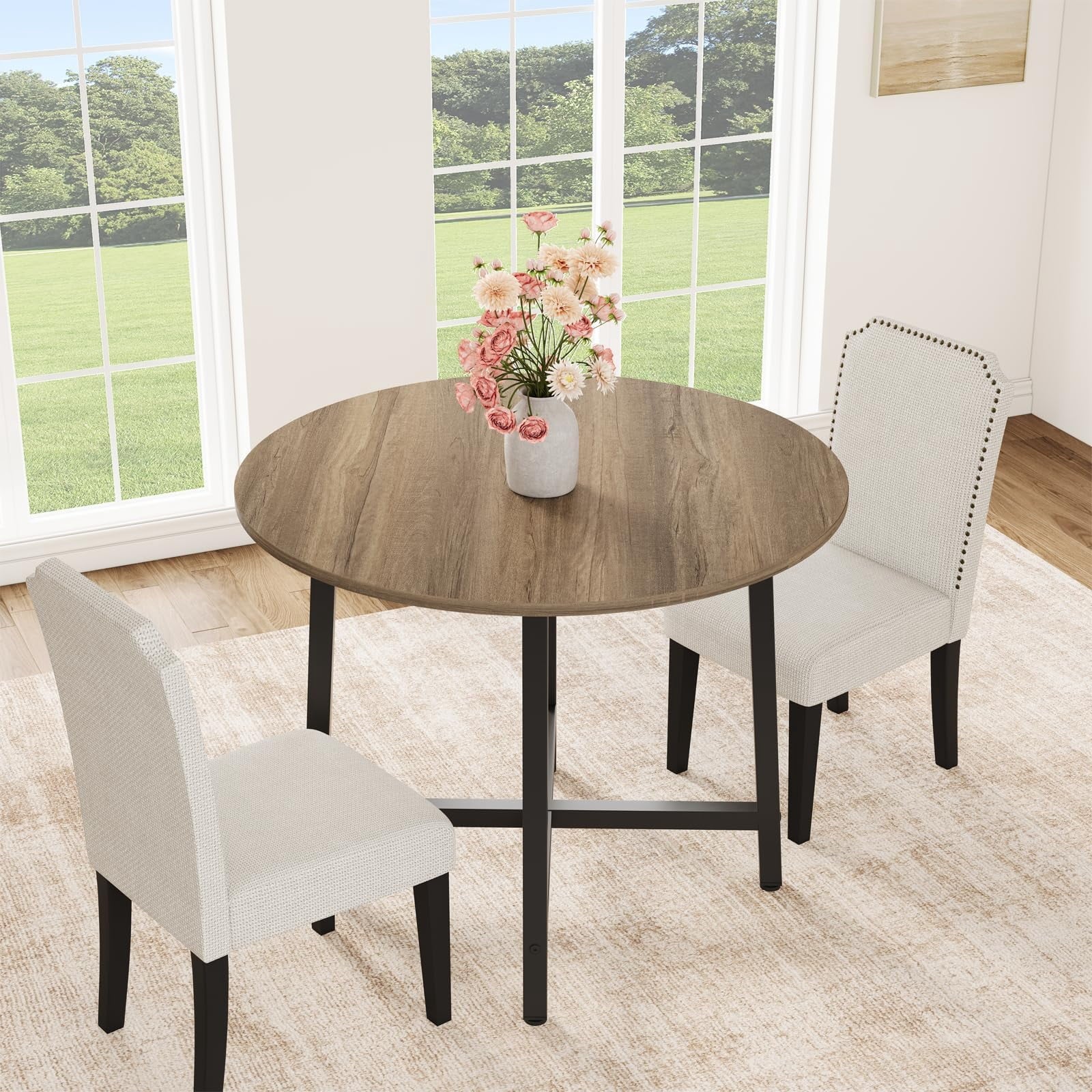 31.5 Round Dining Table for 4 People, Modern Wood Circle Kitchen Table with Sturdy Industrial Metal Frame, Small Space Saving Dining Room Table for Apartment & Breakfast Nook, (No Chairs), Walnut