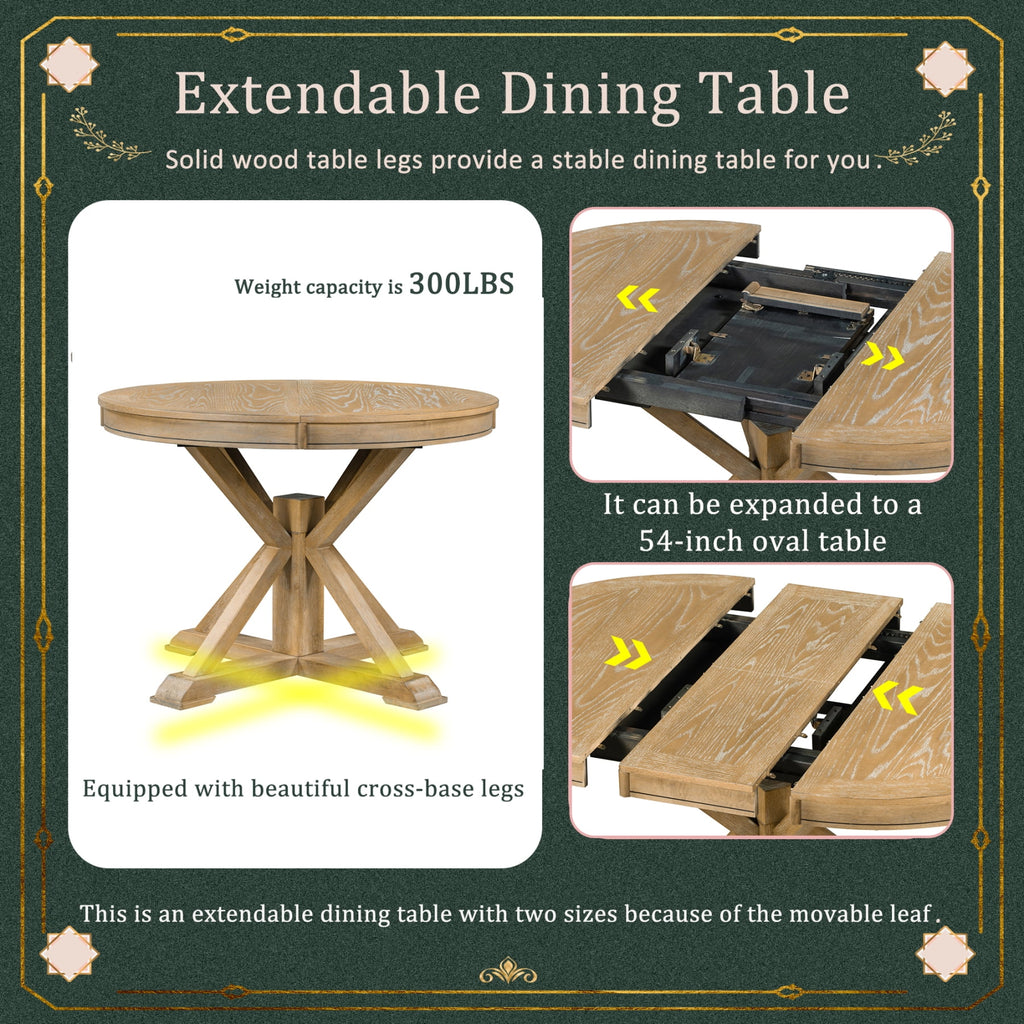 Harper & Bright Designs Extendable Dining Table Set for 4 Upholstered Chairs Functional Retro Style Table for Dining Room Kitchen, Natural Wood Wash