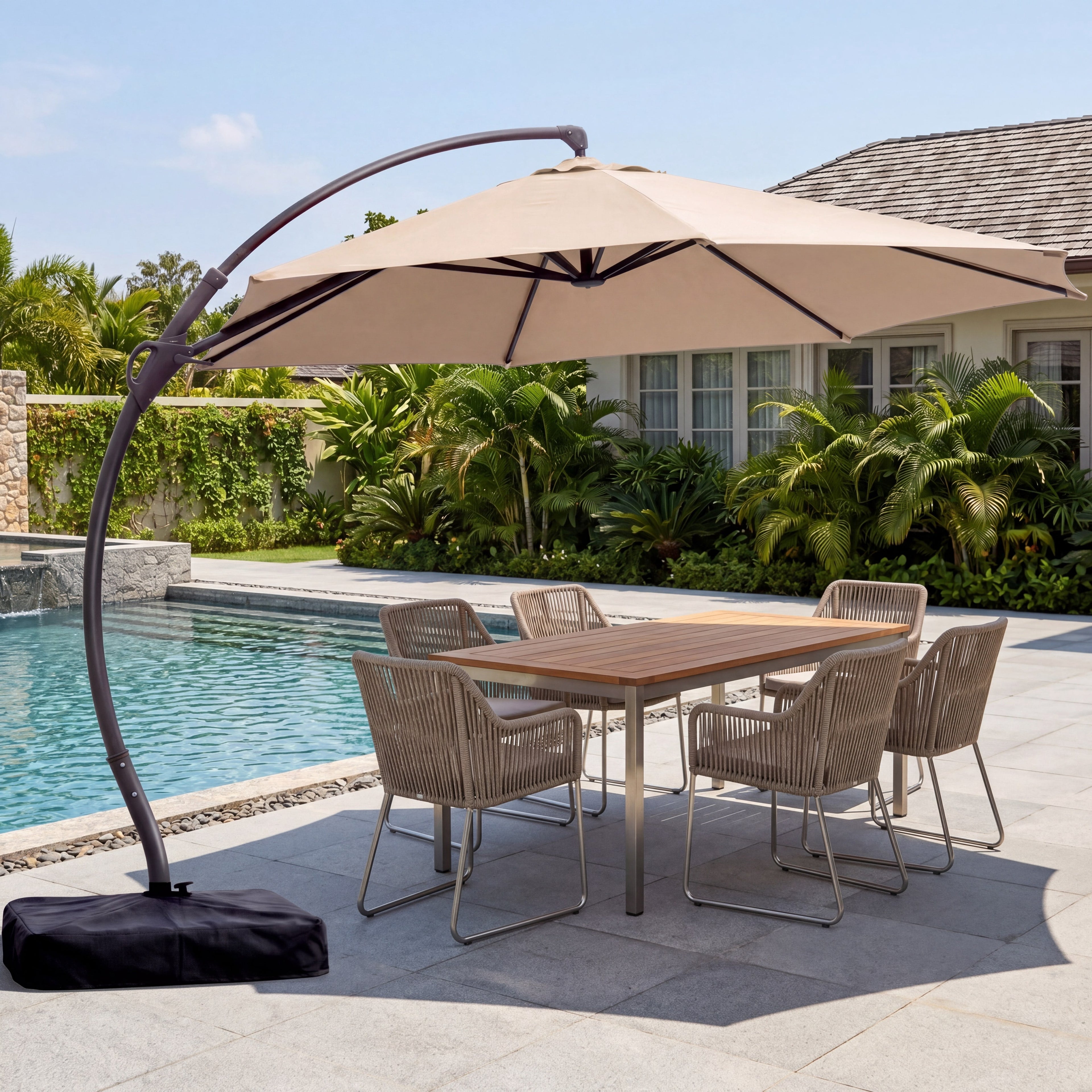 KAMEROUT 11FT Patio Umbrella with Fabric Sandbag Base, Outdoor Deluxe Curvy Cantilever Umbrella for Pool Deck, Champagne